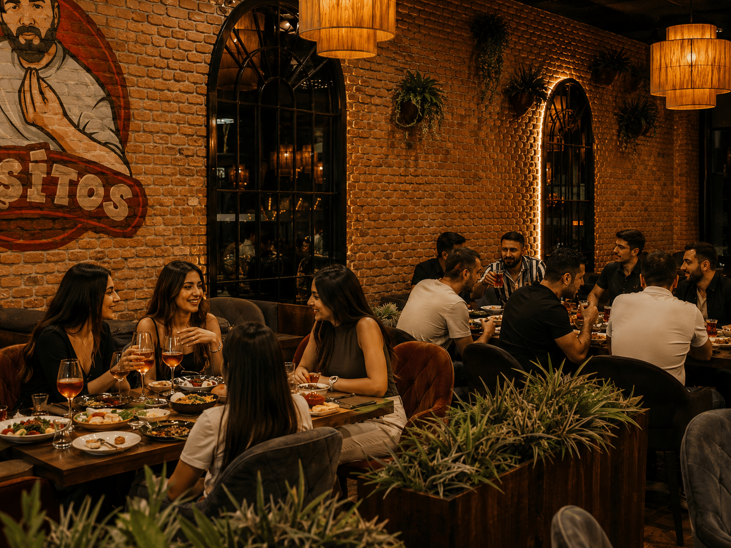 Nuşitos restoranında dostlarla masa — hər cümə gülüşləri